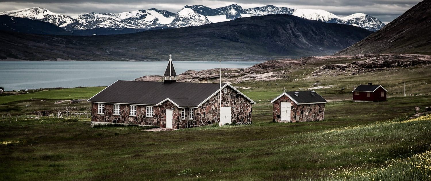 The church on a grey summer day in Igaliku in South Greenland. Photo by Mads Pihl.