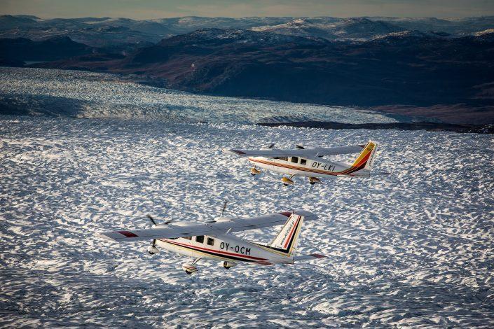 A view of two Air Zafari flightseeing planes over the Greenland Ice Sheet near Kangerlussuaq Airport