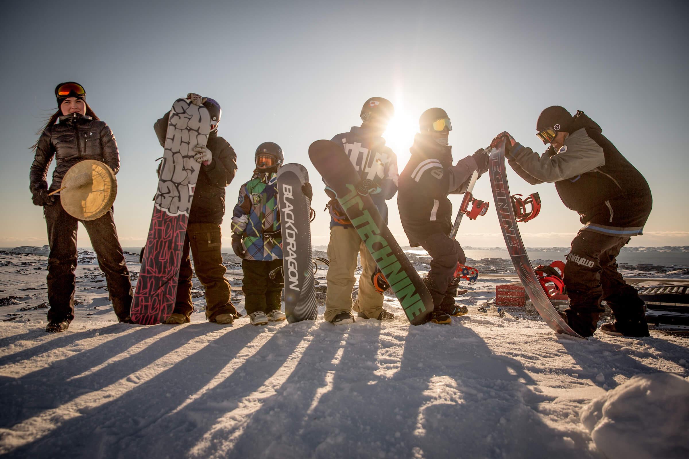 A group of snowboarders from Nuuk having fun in the sun while waiting for the Arctic Winter Games in Greenland