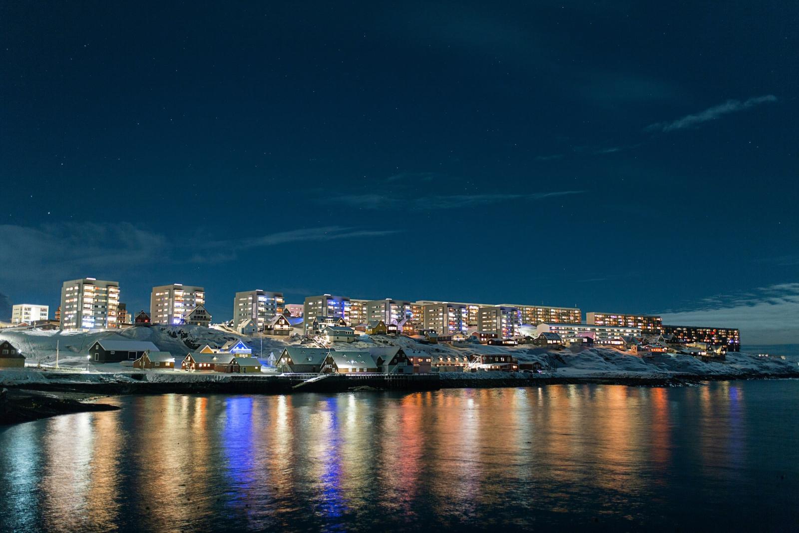 Night over colonial harbour, Nuuk. Photo - Rebecca Gustafsson, Visit Greenland