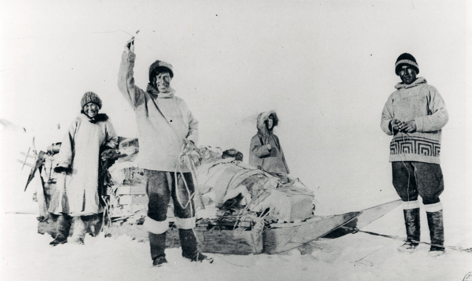 The Fifth Thule Expedition, (from left) Arnarulunnguaq Peary, Knud Rasmussen, an unknown man, and Qaavigarssuaq Miteq Ijaja Kristiansen. Photo: The House of Knud Rasmussen & Industrimuseet Frederiks Værk archive.