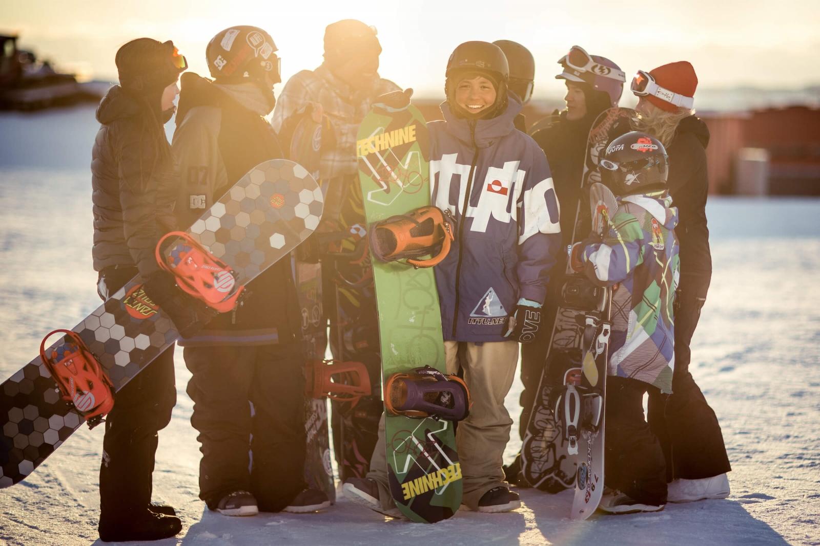A group of friends from Nuuk hanging out at the snowboard park before the Arctic Winter Games in Greenland. Photo by Mads Pihl