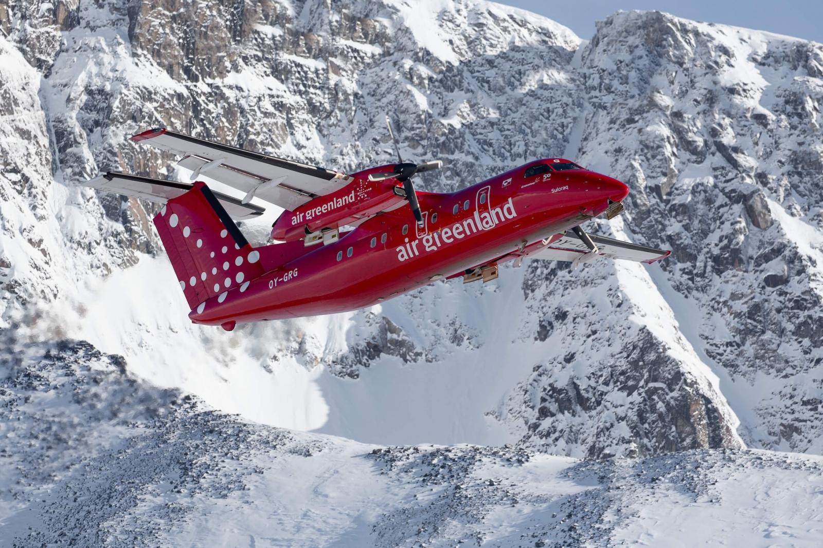An Air Greenland Dash-8 taking off from Kulusuk in East Greenland. Photo by Mads Pihl
