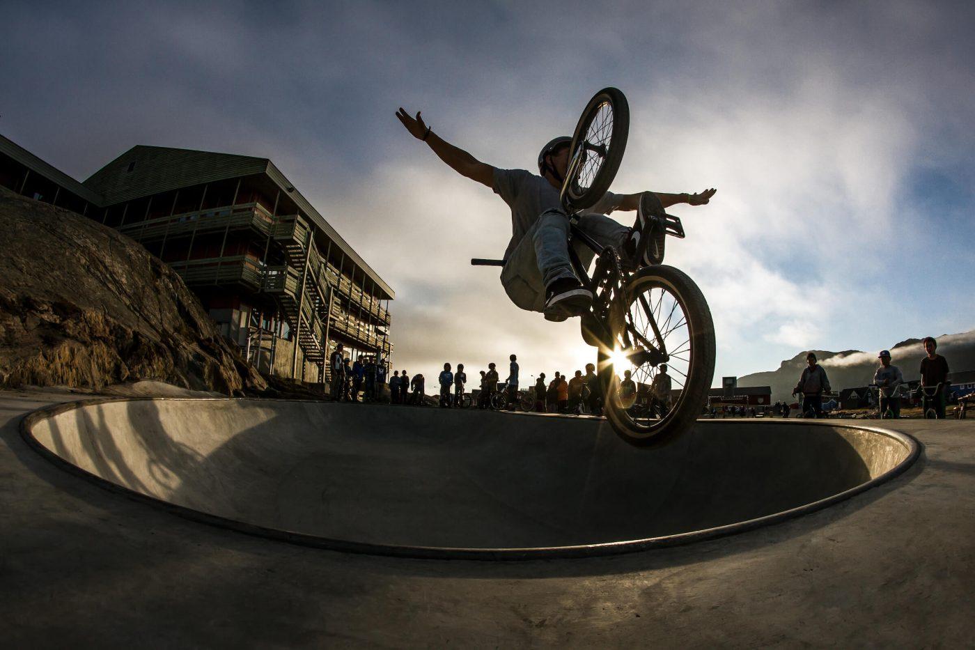 Local BMX hero Inuk Siegstad in the Sisimiut skate bowl in Greenland. Photo by Mads Pihl