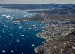 MS Fram anchoring up outside Ilulissat seen from an Air Zafari flight in Greenland. By Mads Pihl