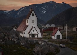 An evening view of the white church in Nanortalik. Photo by Mads Pihl