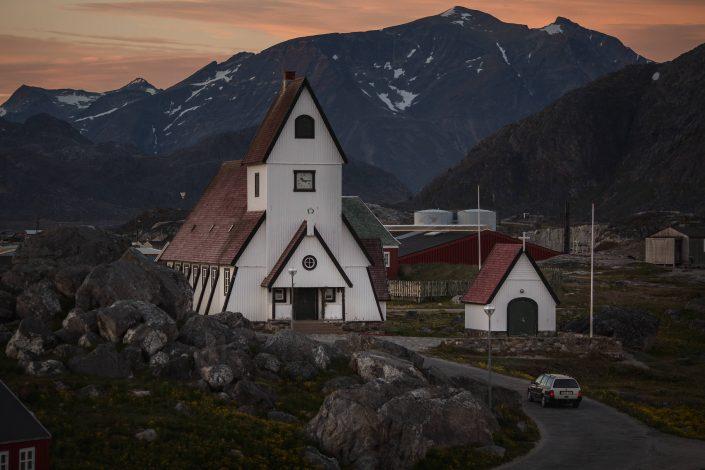 An evening view of the white church in Nanortalik. Photo by Mads Pihl