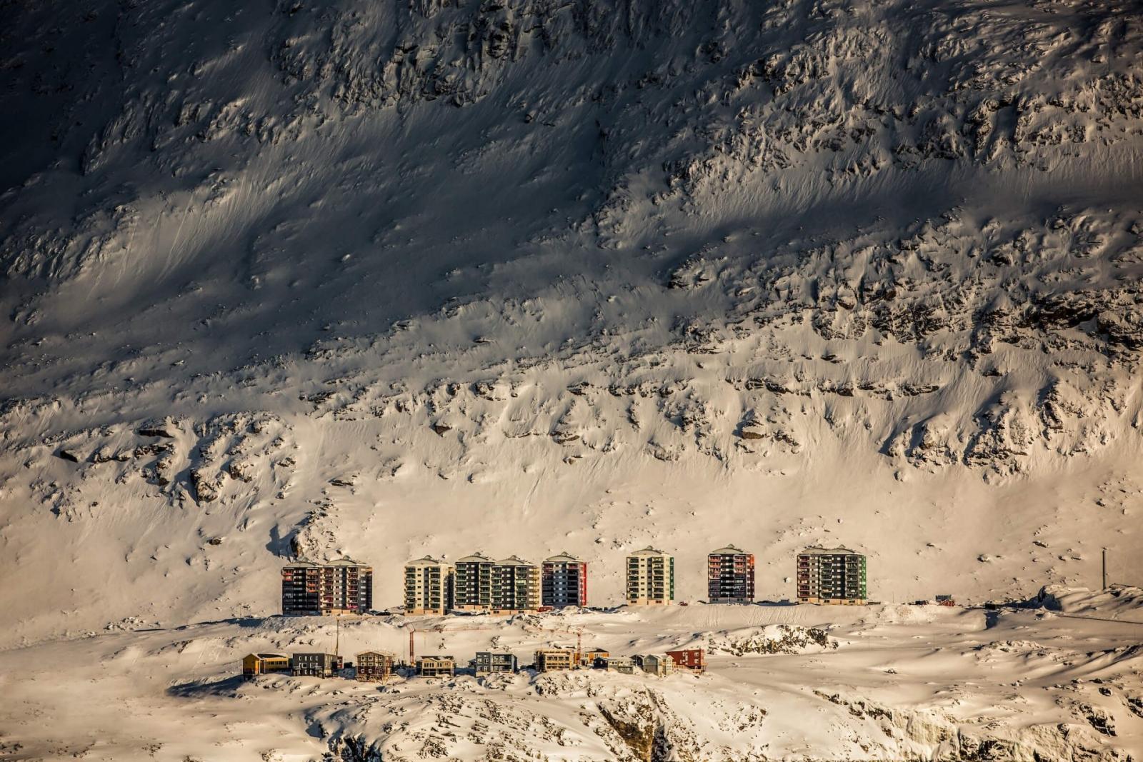 The Suloraq towers in Nuuk's suburb Qinngorput nestled below the mountain Ukkusissaq in Greenland
