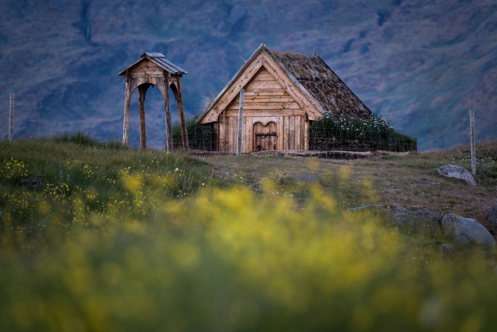 Tjodhilde's Church at the norse reconstruction site in Qassiarsuk in South Greenland. By Mads Pihl