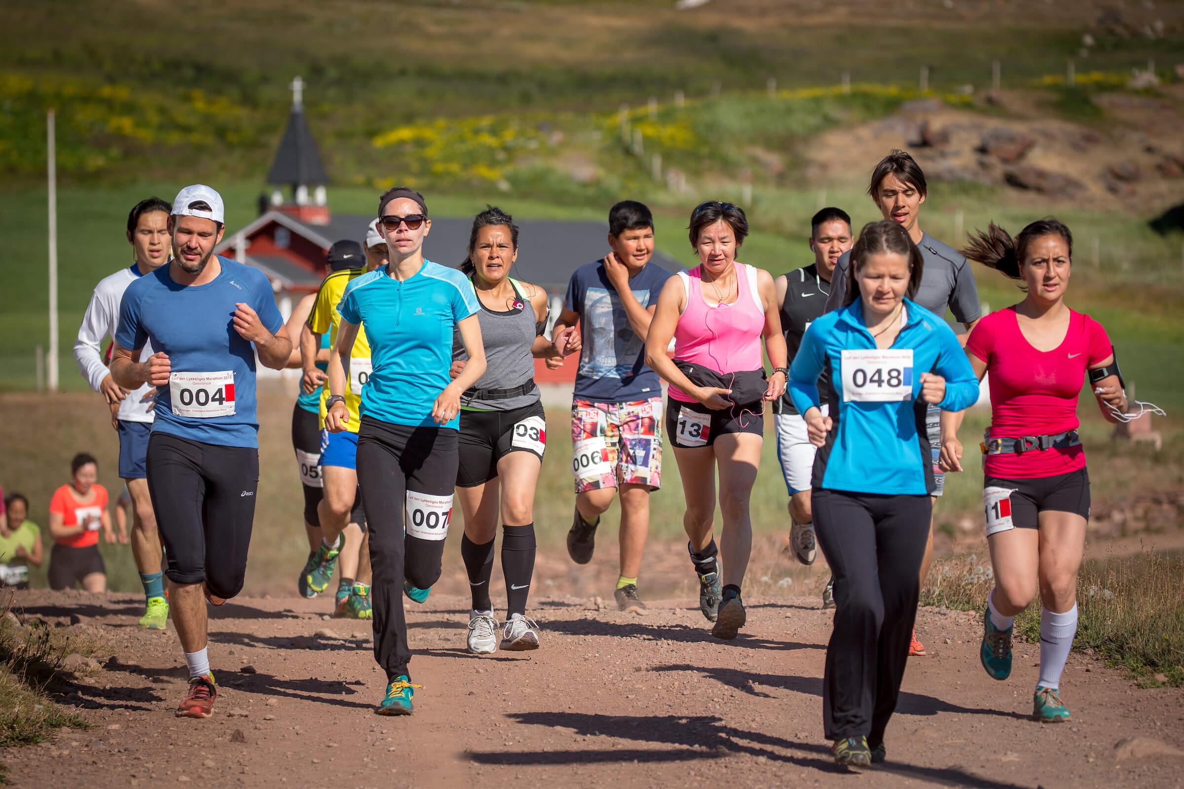 Participants at the Leif den Lykkeliges Marathon in Qassiarsuk in South Greenland. By Mads Pihl