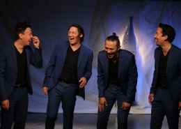 Hans Henrik Suersaq, Klaus Geisler, Kristian Mølgaard and Miki Jacobsen in Angutivik from The National Theatre of Greenland laughing. Photo by Gerth Lyberth, Visit Greenland
