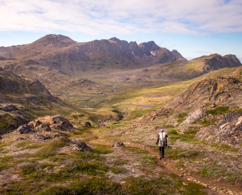 Hiker on the trail leading down into the valley below Nasaasaaq - Day 8 of Arctic Circle Trail. Photo by Lisa Germany.
