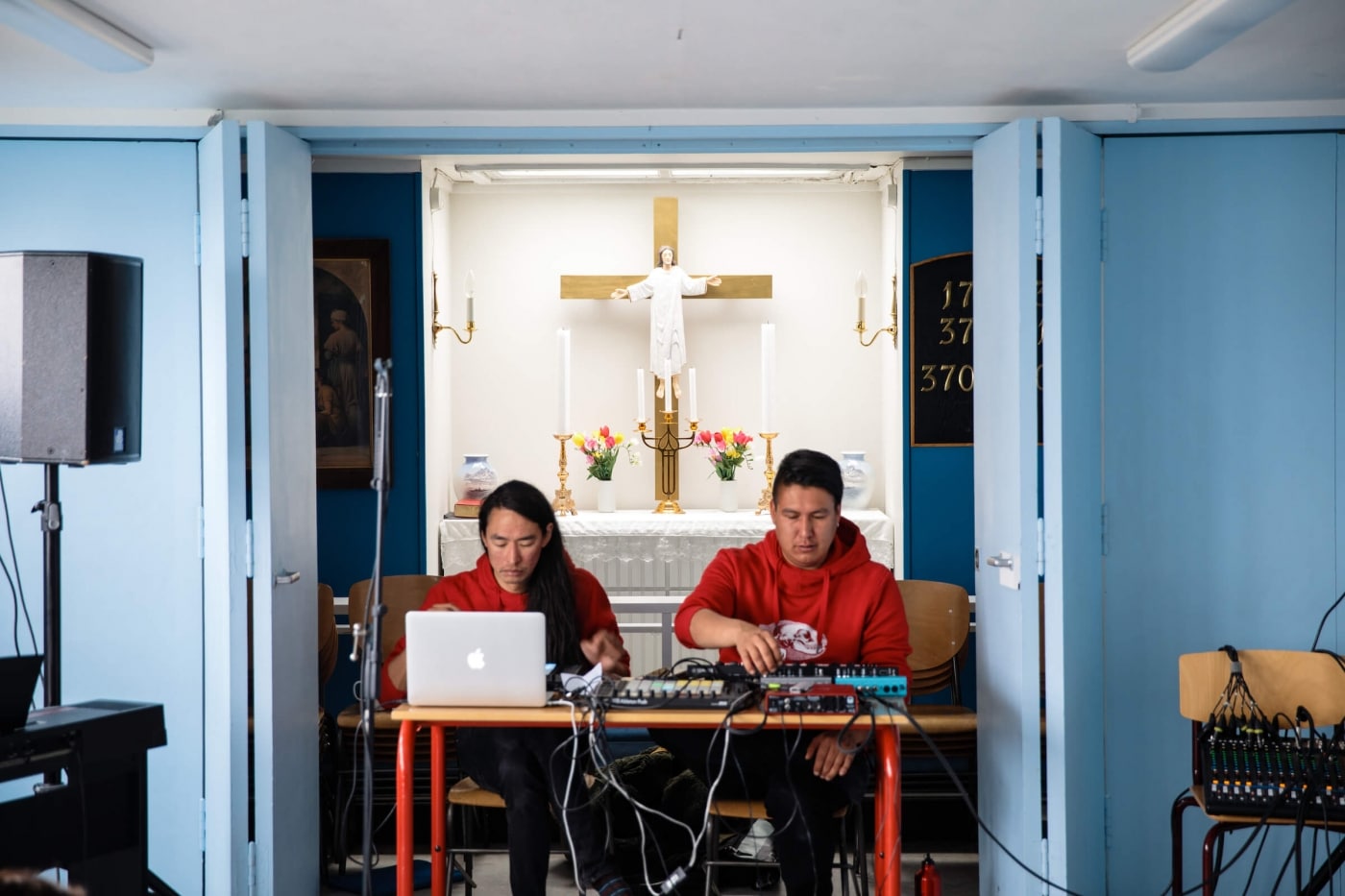 Artists Aqqalu Berthelsen and Hans-Ole Amossen during their set in the church, school. Photo by Jessie Brinkman Evans - Visit Greenland