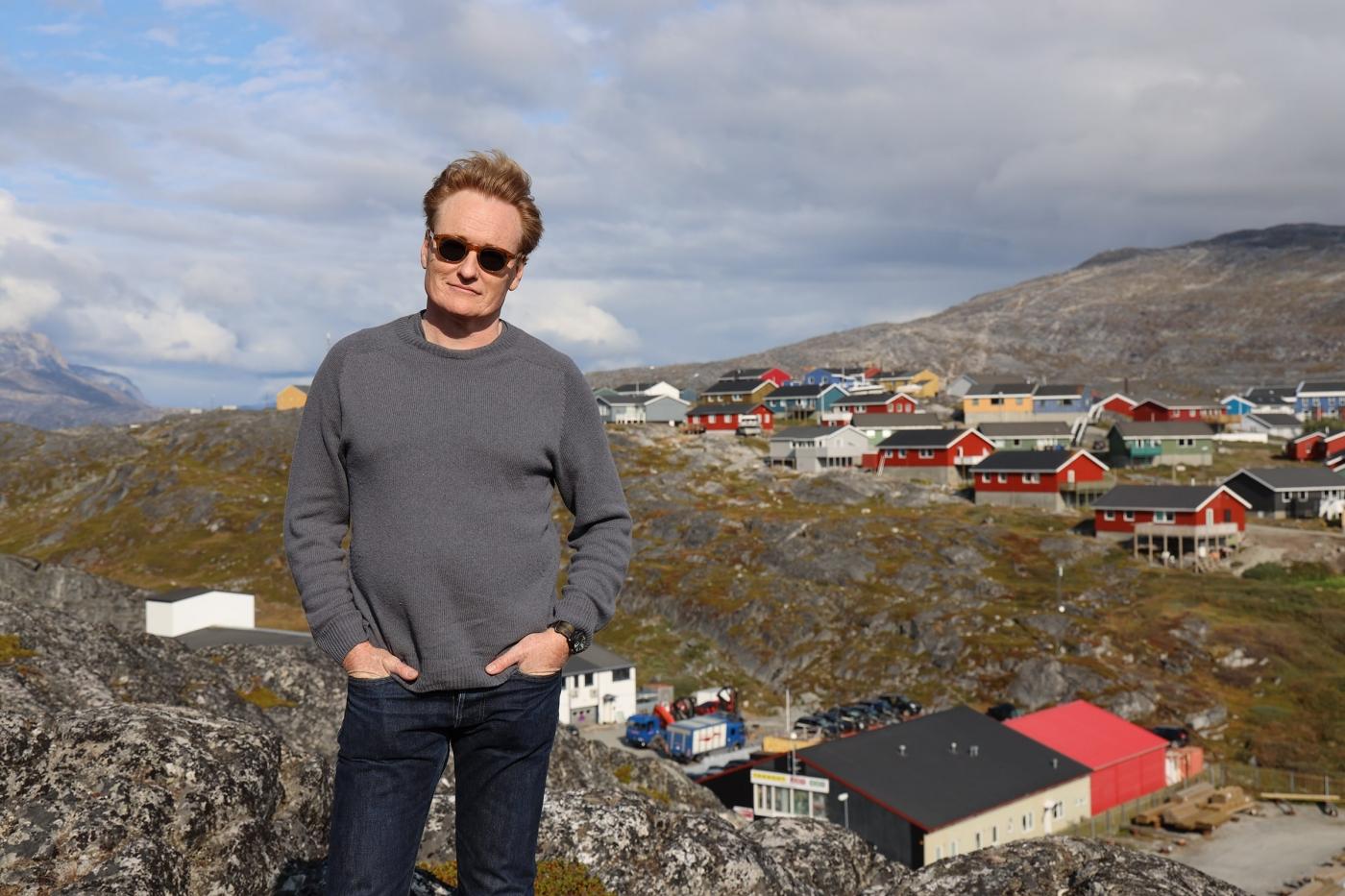 Conan O'Brien and panorama of Nuuk. Photo by Team Coco