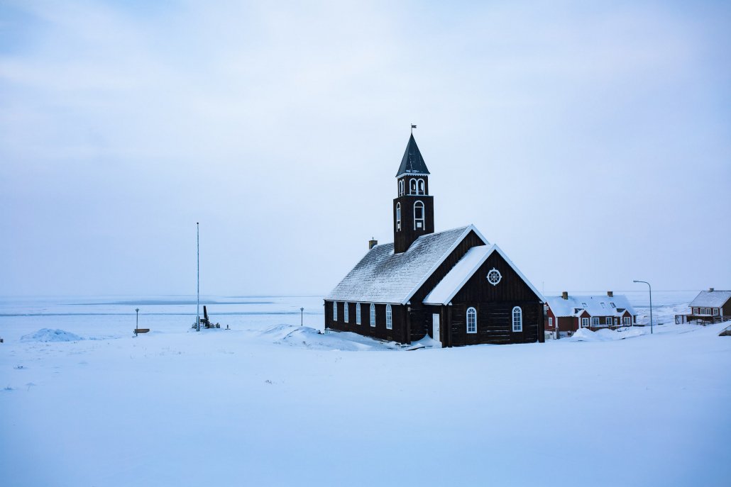 Zion church in Ilulissat in winter. Photo - Aningaaq R. Carlsen, Visit Greenland