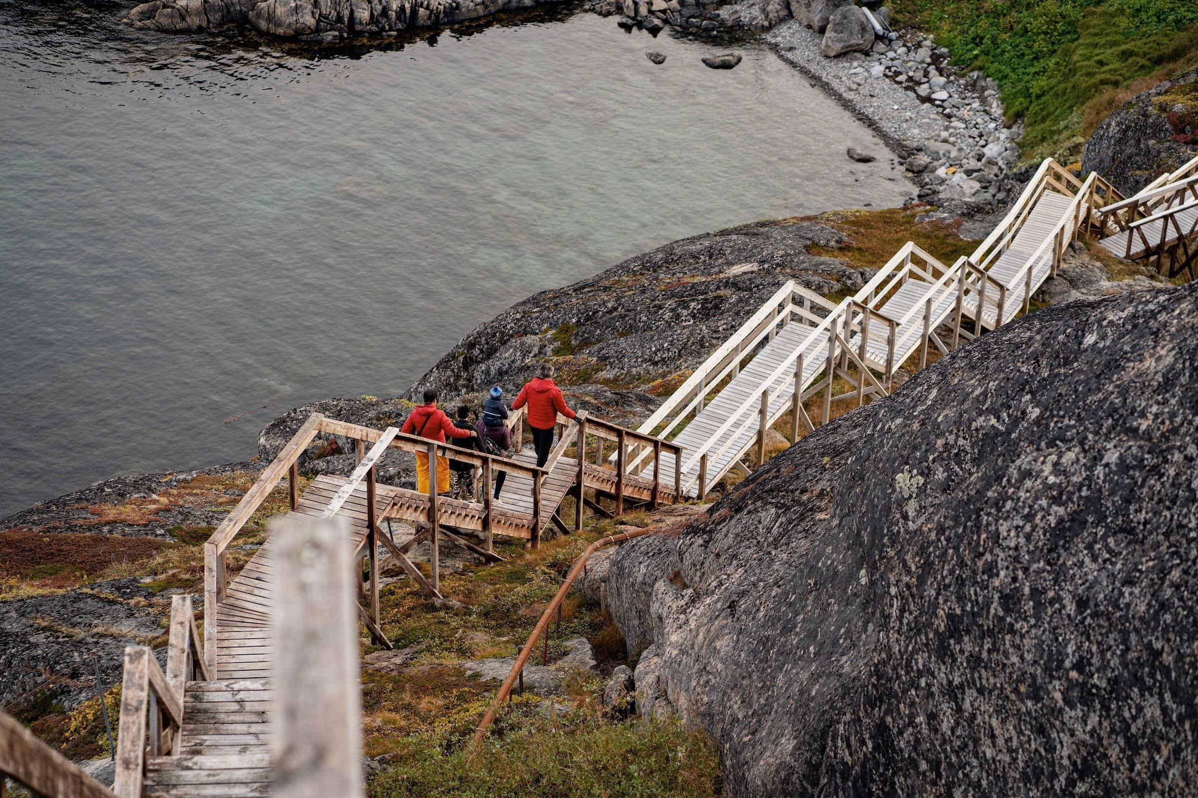 Stairs to the top of the radio station on top of the mountain in Maniitsoq, Greenland. Photo by Filip Gielda - Visit Greenland