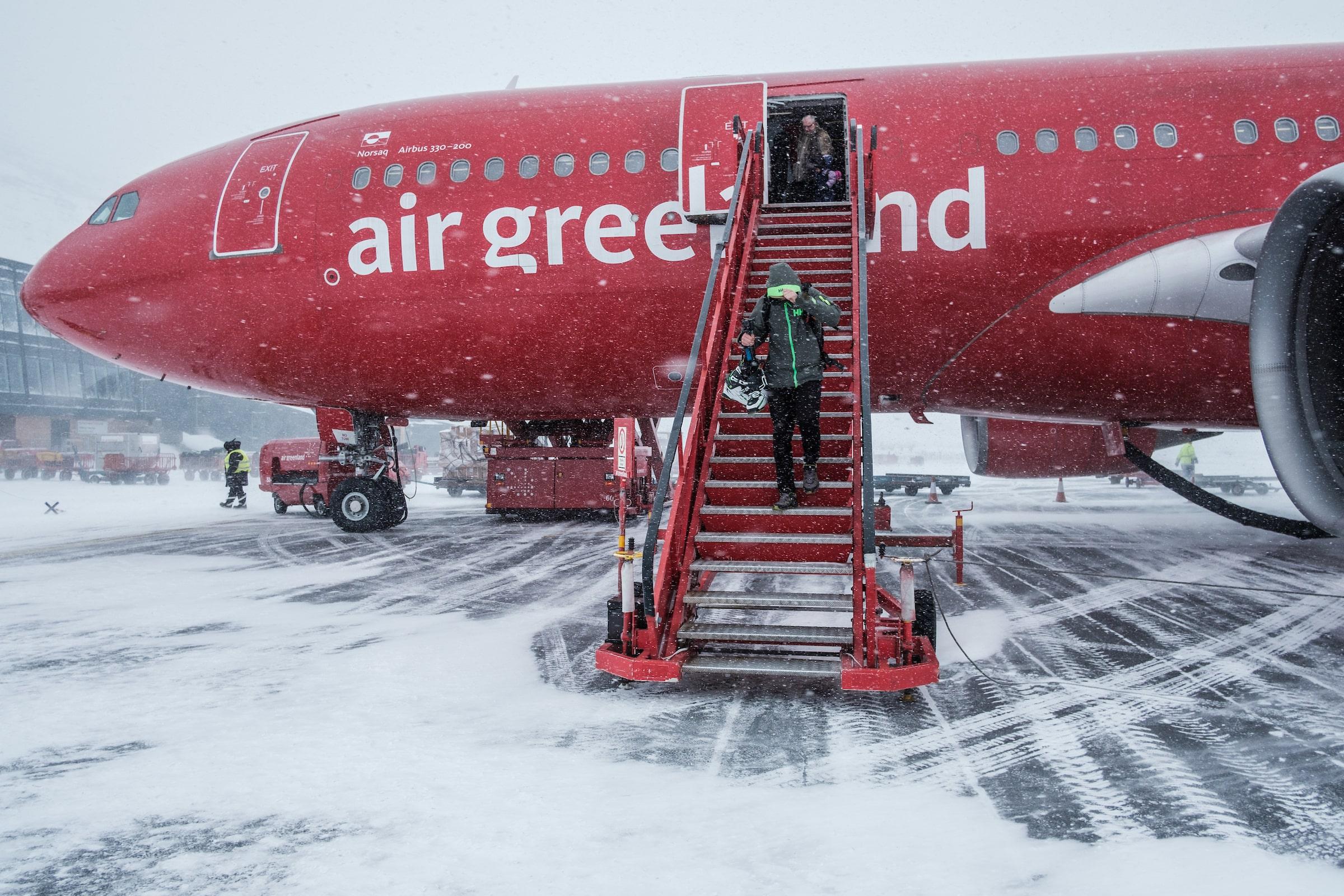 Arrival To Kangerlussuaq with Norsaq, Air Greenland's Airbus 330 on a Snowy Day. Photo by Petter Cohen