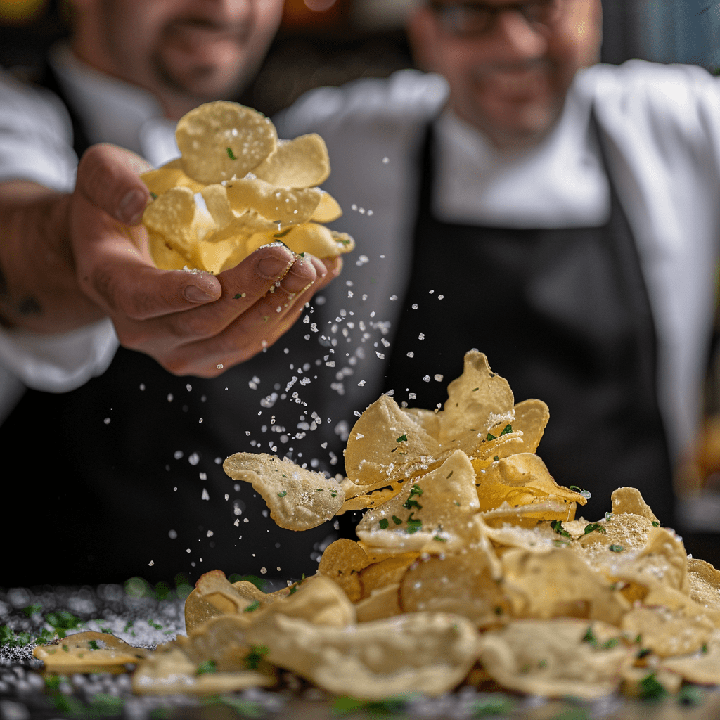 Two hotel chef are enjoying sea salt potato chips