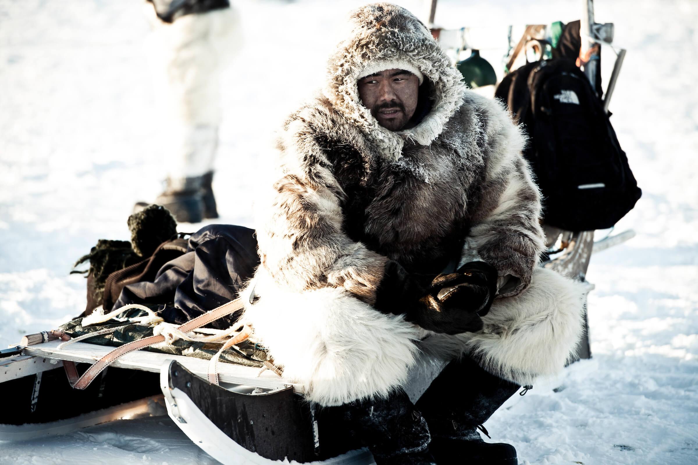 A dog sled driver from Ilulissat wearing fur and skin clothes in ...