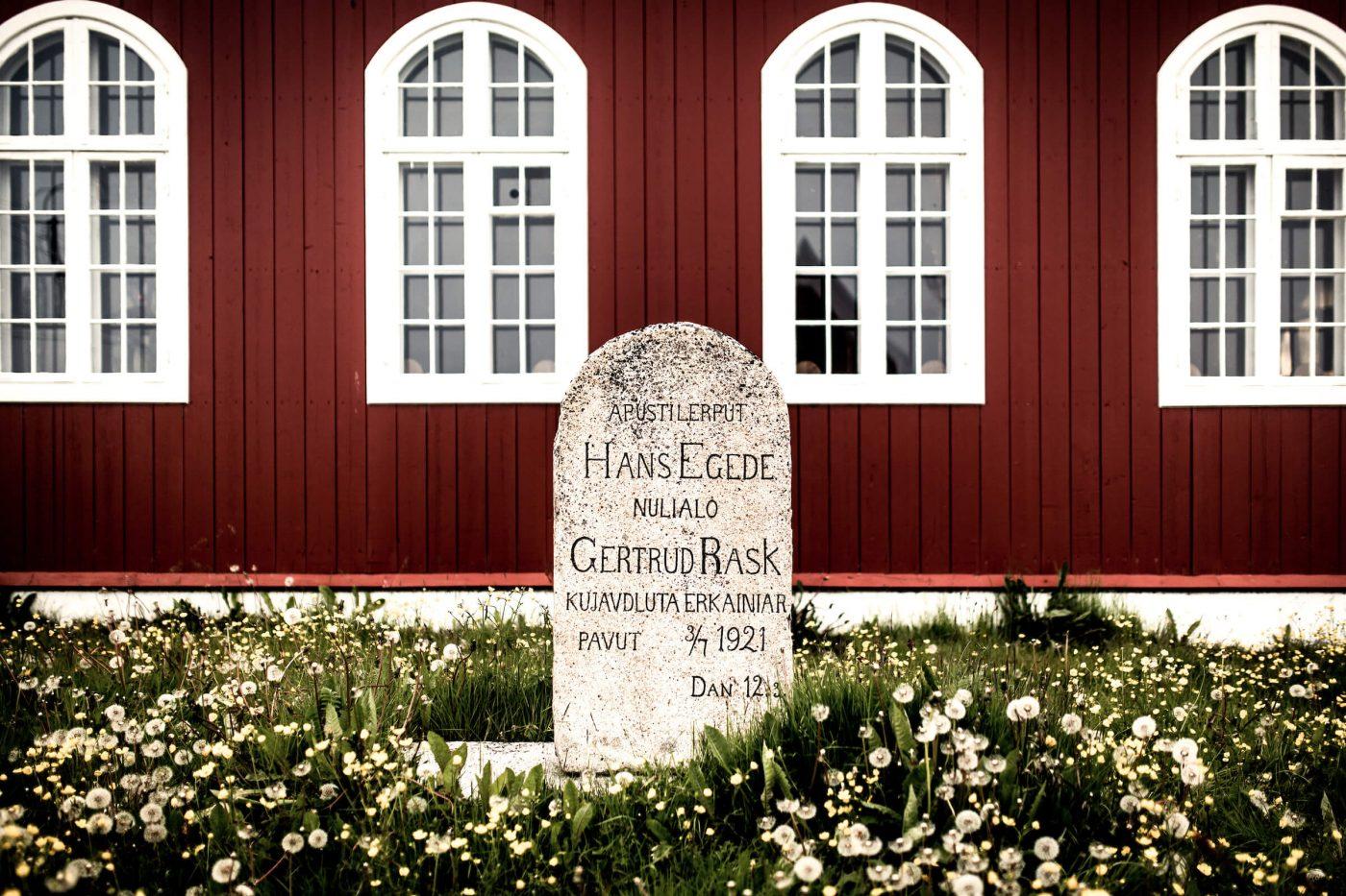 A stone in front of the old church in Qaqortoq in South Greenland commemorating Hans Egede and Gertrud Rask. By Mads Pihl