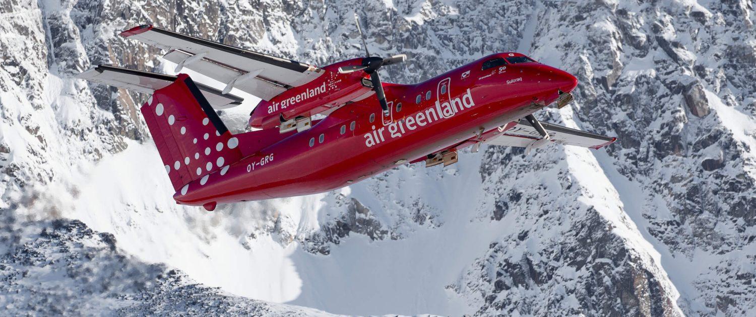 An Air Greenland Dash-8 taking off from Kulusuk in East Greenland. Photo by Mads Pihl
