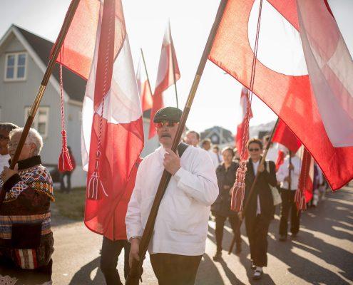 Flag bearers at the National Day Parade in Nuuk in Greenland on June 21, by Mads Pihl