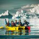 Kayakers mong icebergs near Ilulissat and Oqaatsut in North Greenland