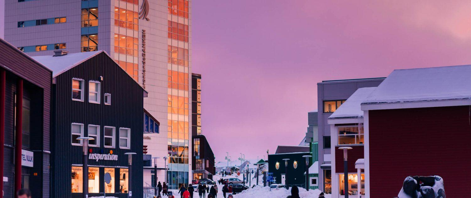 The main shopping street of Nuuk, Greenland on a beautiful winter sunset afternoon. Photo by Rebecca Gustafsson